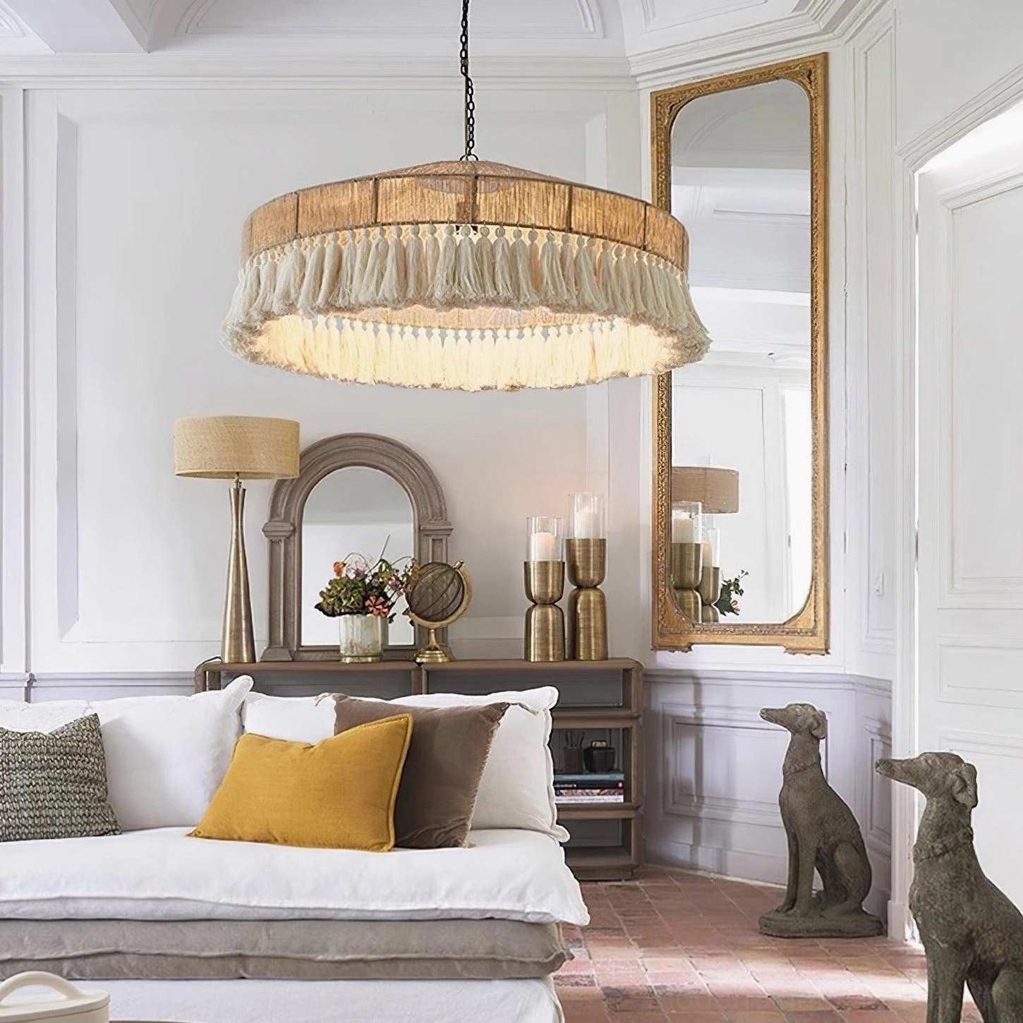 Handwoven bohemian fringe pendant lamp with natural tassel details and artisanal hemp rope construction, embodying free-spirited boho design philosophy