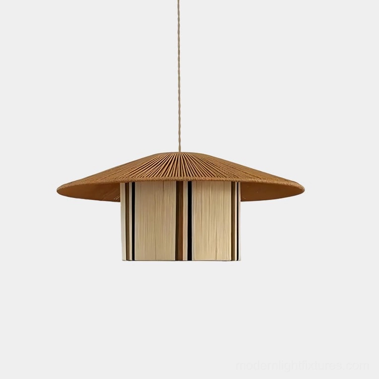 Handwoven bohemian pendant light with natural cotton rope conical shade, studio shot showcasing organic texture and neutral beige tones