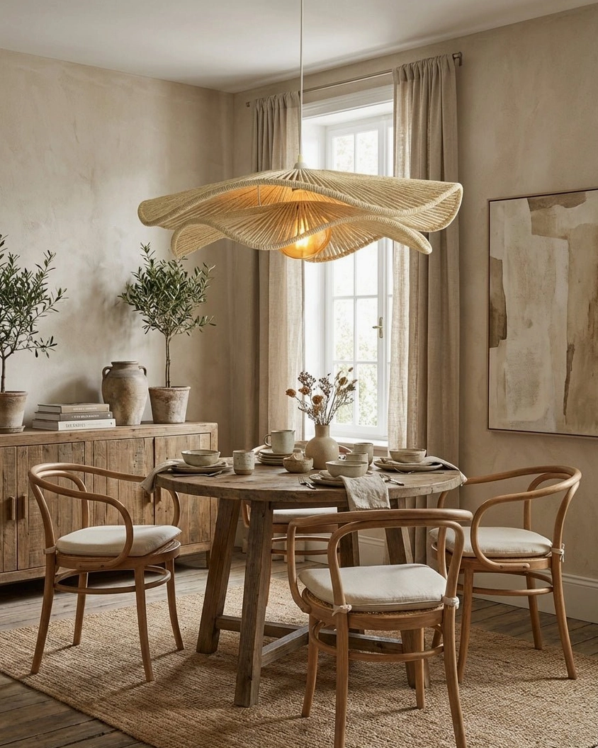 Artisanal hemp rope pendant light suspended over formal dining table, soft filtered illumination, boho-minimalist interior design