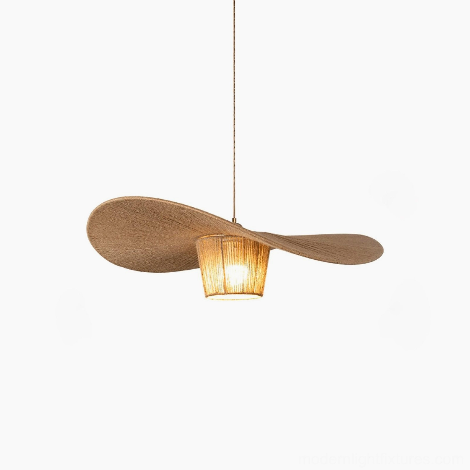 Artisan handwoven hemp rope pendant light showing construction details and natural fiber rope weaving technique