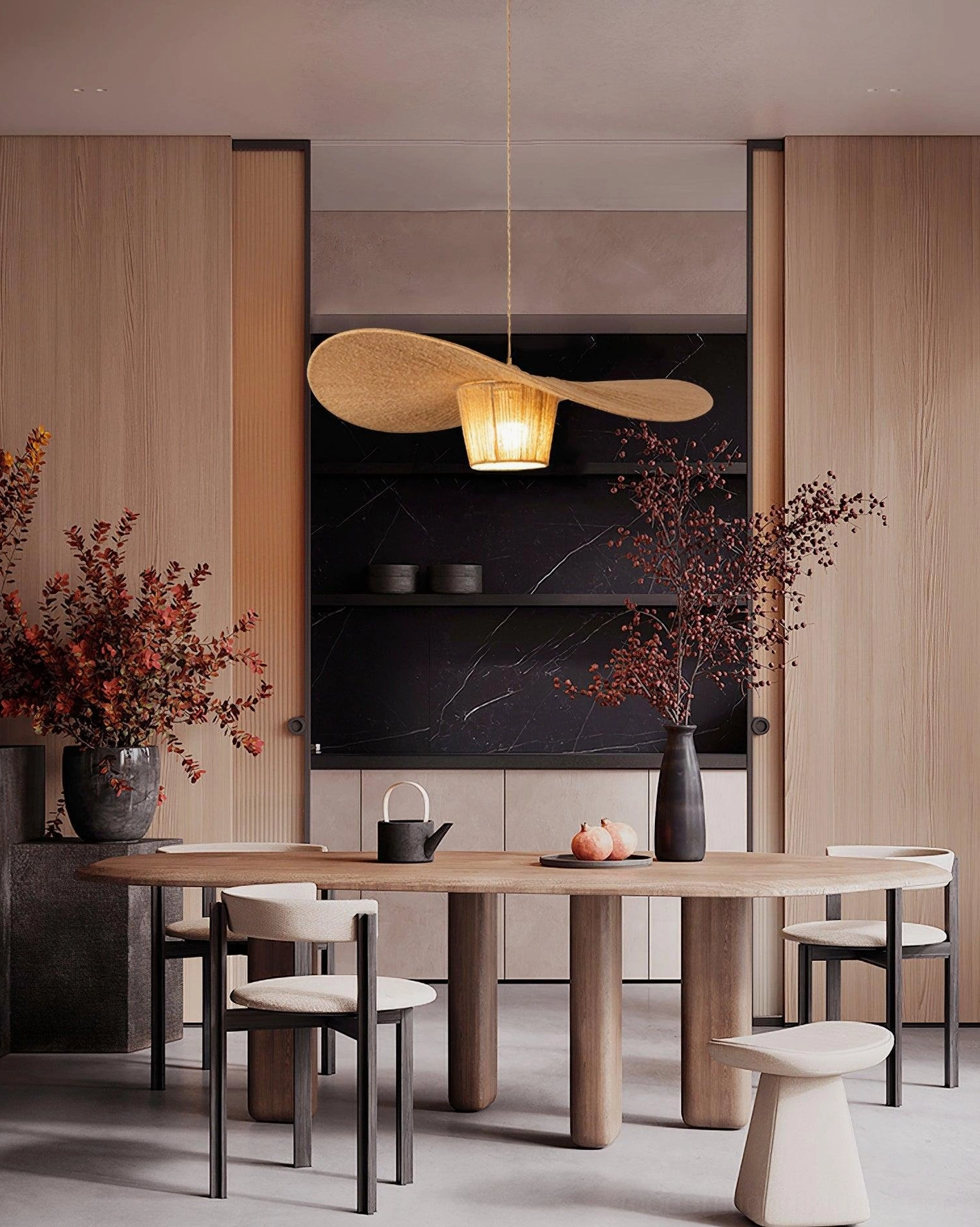 Full view of artisan hemp rope pendant lamp with petal silhouette and warm atmospheric lighting effect