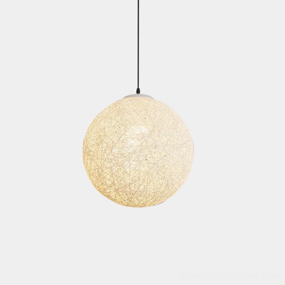 Handwoven hemp sphere pendant light front view, off-white beige color showing fine weave texture detail on plain studio background