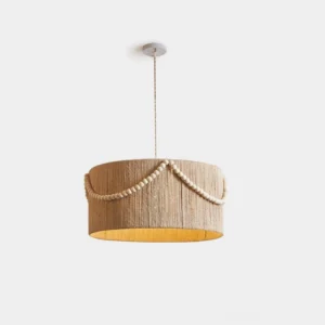 Handwoven jute drum pendant light with wooden beads, front studio view showing natural beige hemp rope weaving