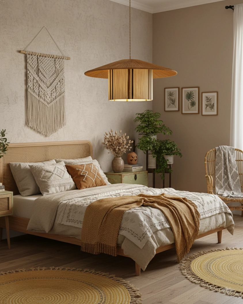 Handwoven pendant lamp styling view in boho design aesthetic with warm earth tones and natural materials