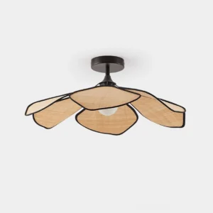 Raffia Petal semi-flush ceiling light with handwoven natural fiber petal shades and bold black metal frame, direct front view on white studio background