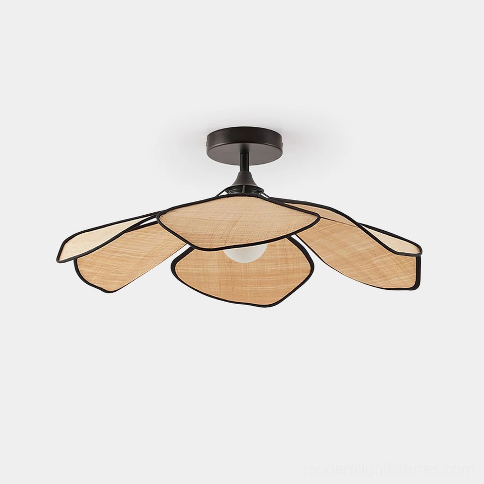 Raffia Petal semi-flush ceiling light with handwoven natural fiber petal shades and bold black metal frame, direct front view on white studio background