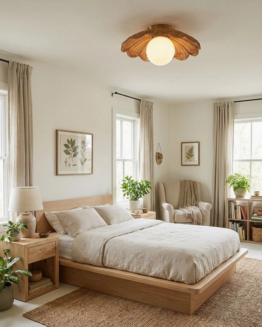 Hand-woven rattan scallop ceiling light in master bedroom with wooden furniture and minimalist boho style