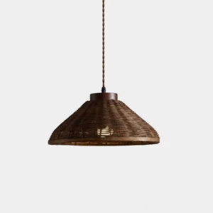 Handwoven dark walnut rattan pendant light with cone-shaped shade, front studio view showing natural weave texture