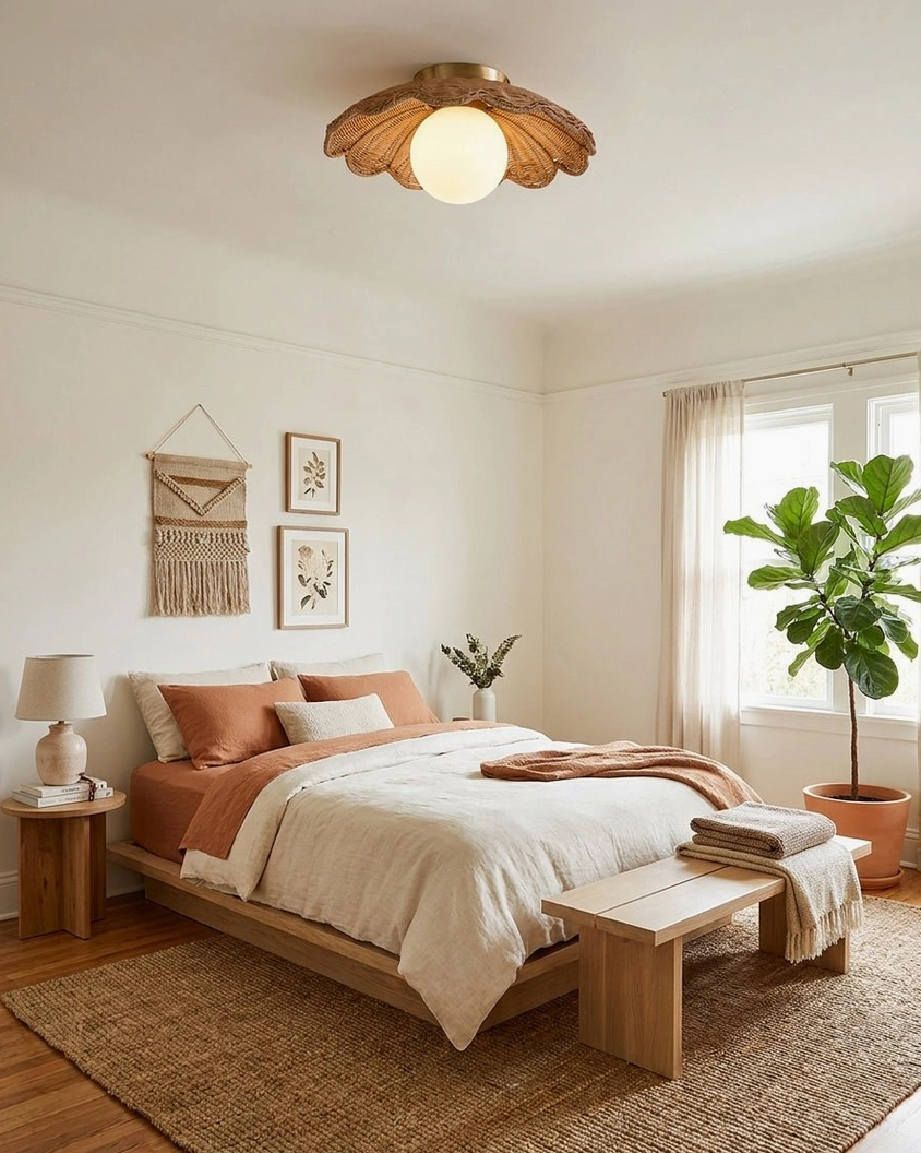 Hand-woven rattan scallop ceiling light in master bedroom with warm neutral minimalist decor