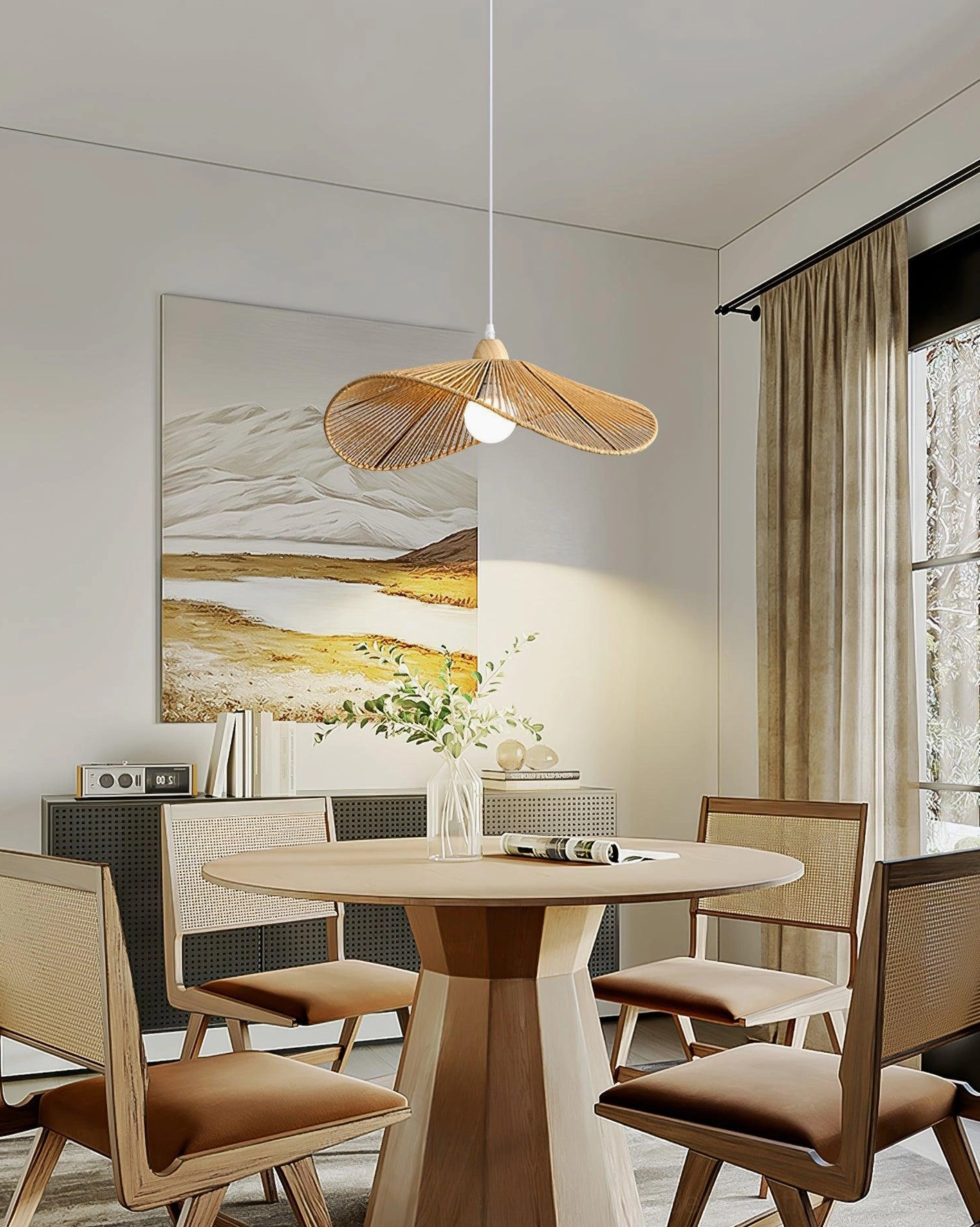 Nordic style rattan pendant ceiling light in residential dining room with minimalist interior