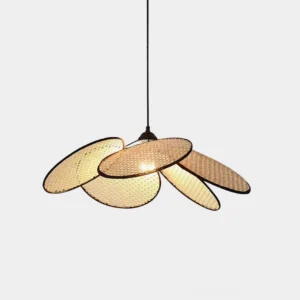 Handwoven rattan petal pendant lamp frontal view with warm neutral woven design