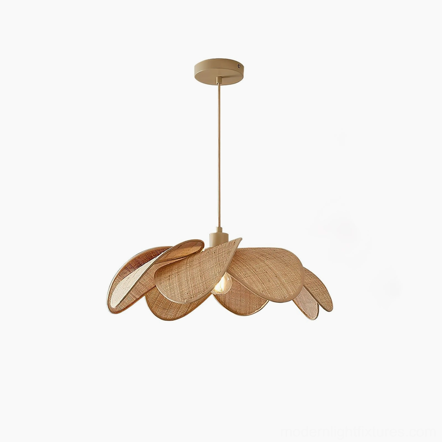 Natural woven rattan petal pendant lamp with gold metal fixtures, detailed close-up of hand-layered shade