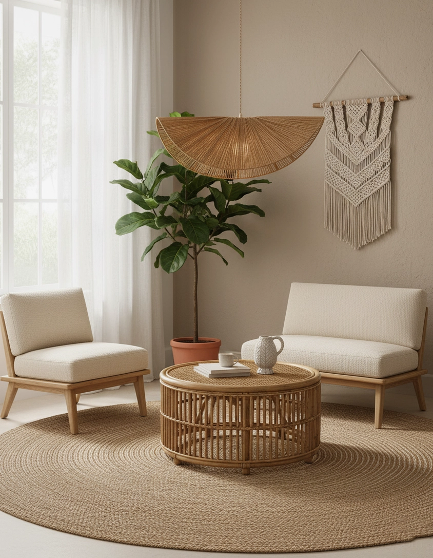Natural brown handwoven rope straw hat pendant light in contemporary minimalist interior space