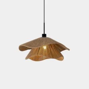 Handwoven straw hat pendant light with double-layer wavy ruffled hemp rope shade, brown natural color with black metal hanging hardware
