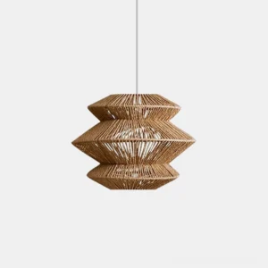 Suru handwoven tiered rattan pendant light with natural hemp rope and metal frame, front flat studio view