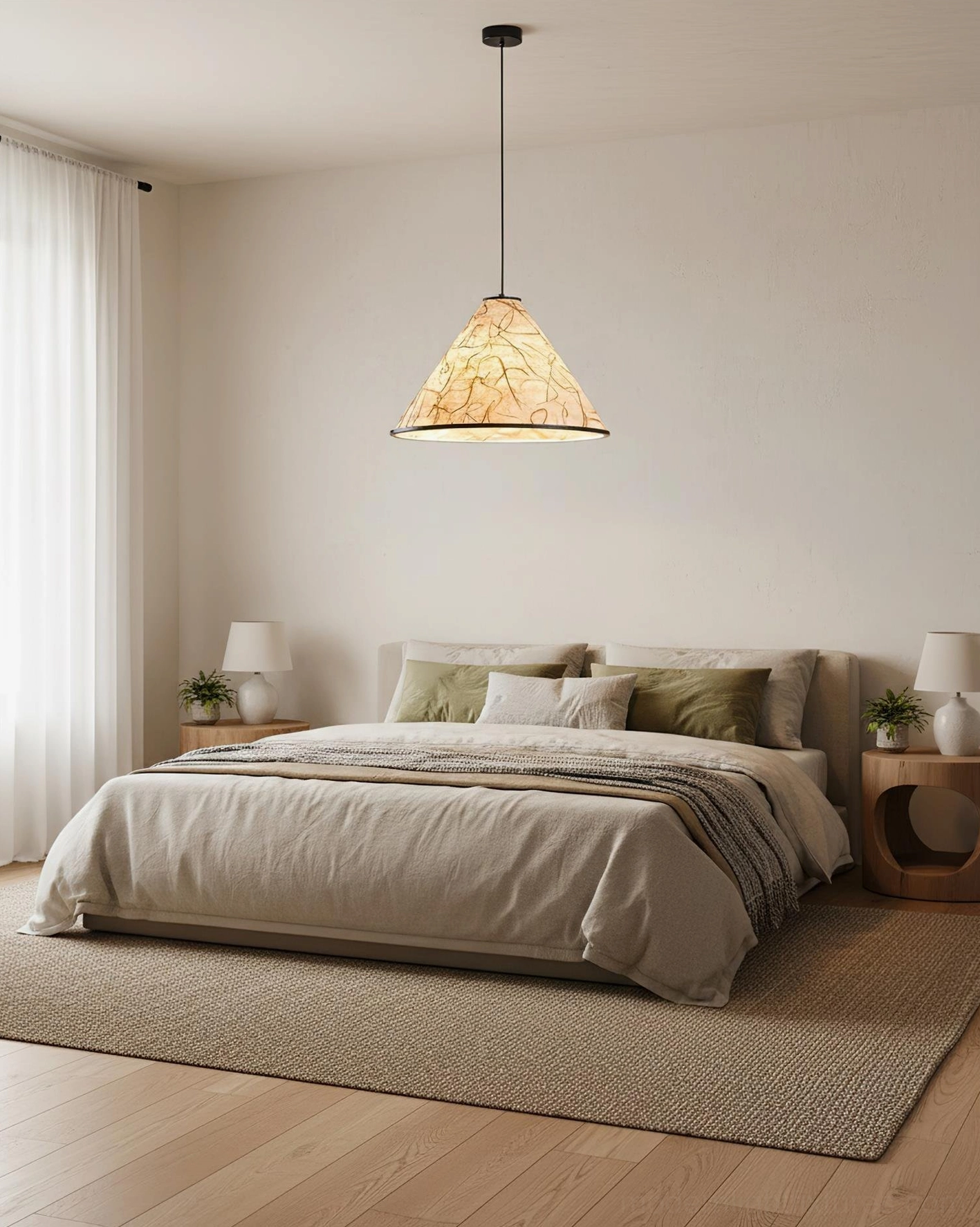 Single hanging cone pendant light with diffused ambient glow in modern residential space