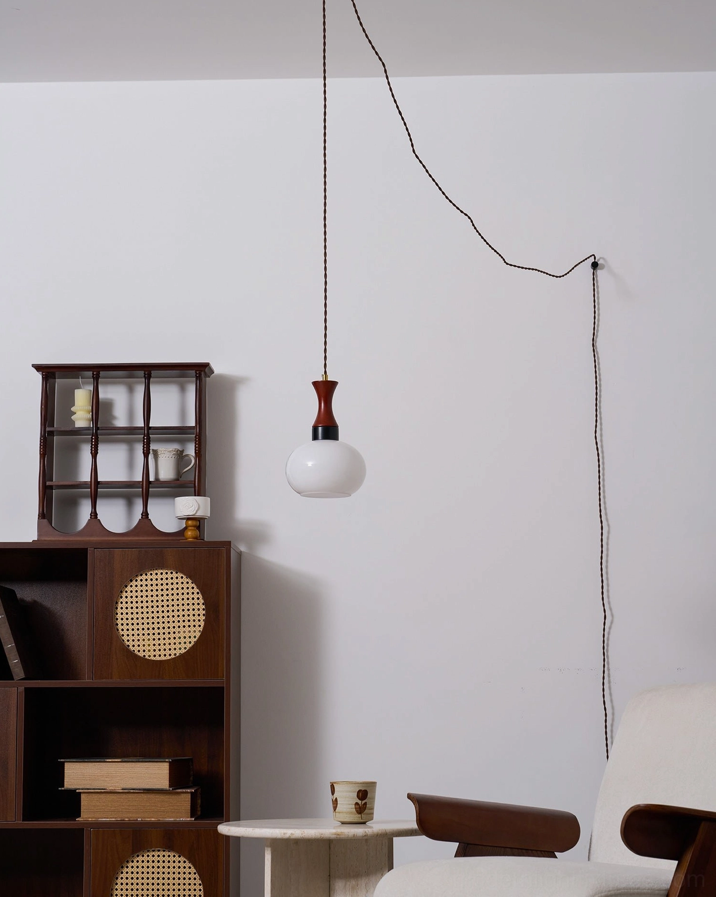 Vintage-inspired hanging pendant with braided black cord and glass shade variations