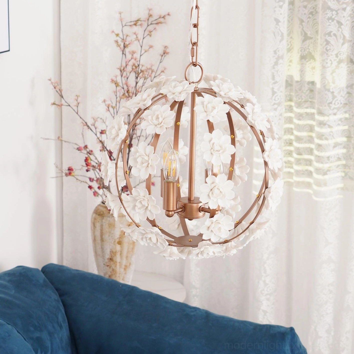 Hardwired floral globe pendant light with E14 socket and dimmer-compatible design