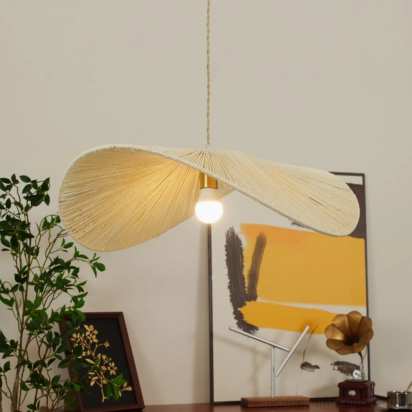 Hardwired woven hemp rope straw hat pendant light with professional electrical installation detail
