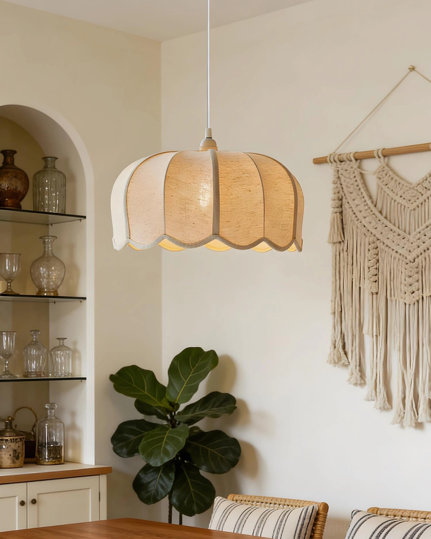 Hardwired pendant ceiling light with dimmer compatible warm textile shade for mood lighting