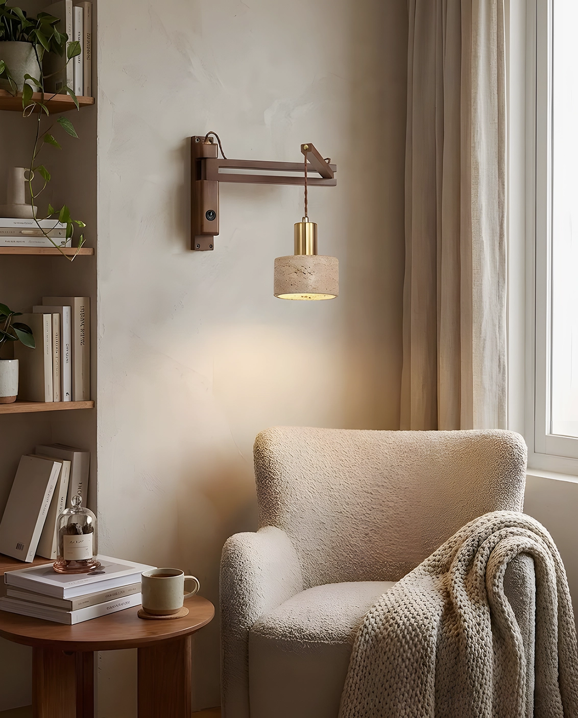 Hardwired swing arm wall sconce with natural stone travertine shade, architectural detail of metal hardware and wood construction