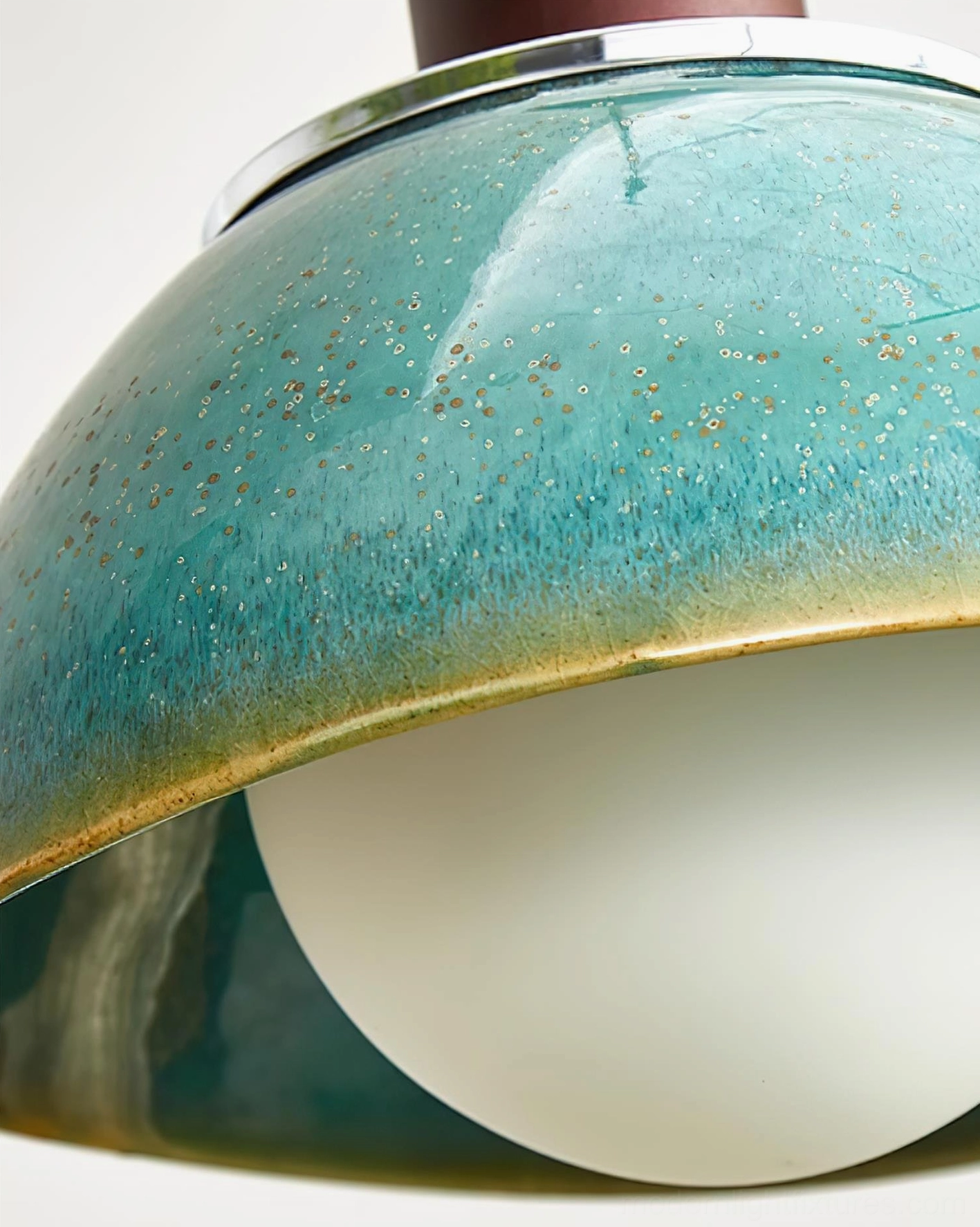 Harley ceramic pendant light in teal glaze with walnut wood and metal accents, modern hanging lamp fixture