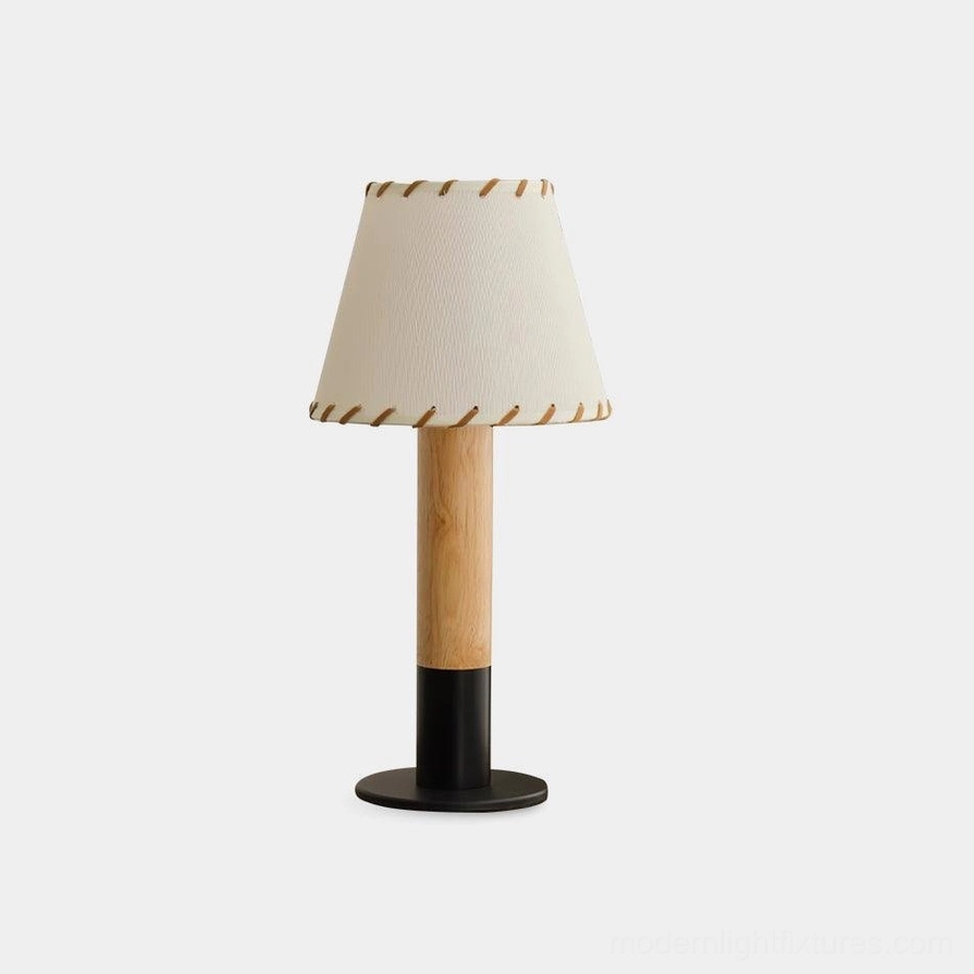 Harmonie rustic farmhouse wood table lamp with ivory stitched fabric shade and natural wood base, front studio view