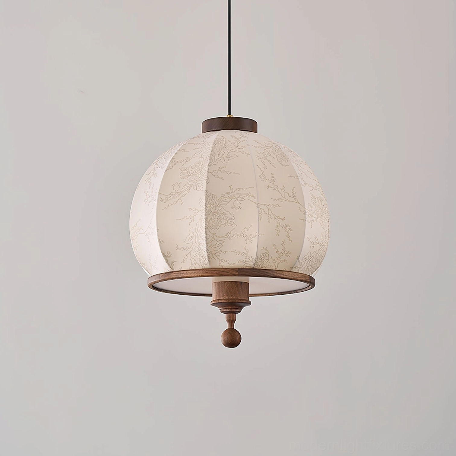 Oriental-style lantern pendant light with off-white fabric and embossed floral pattern