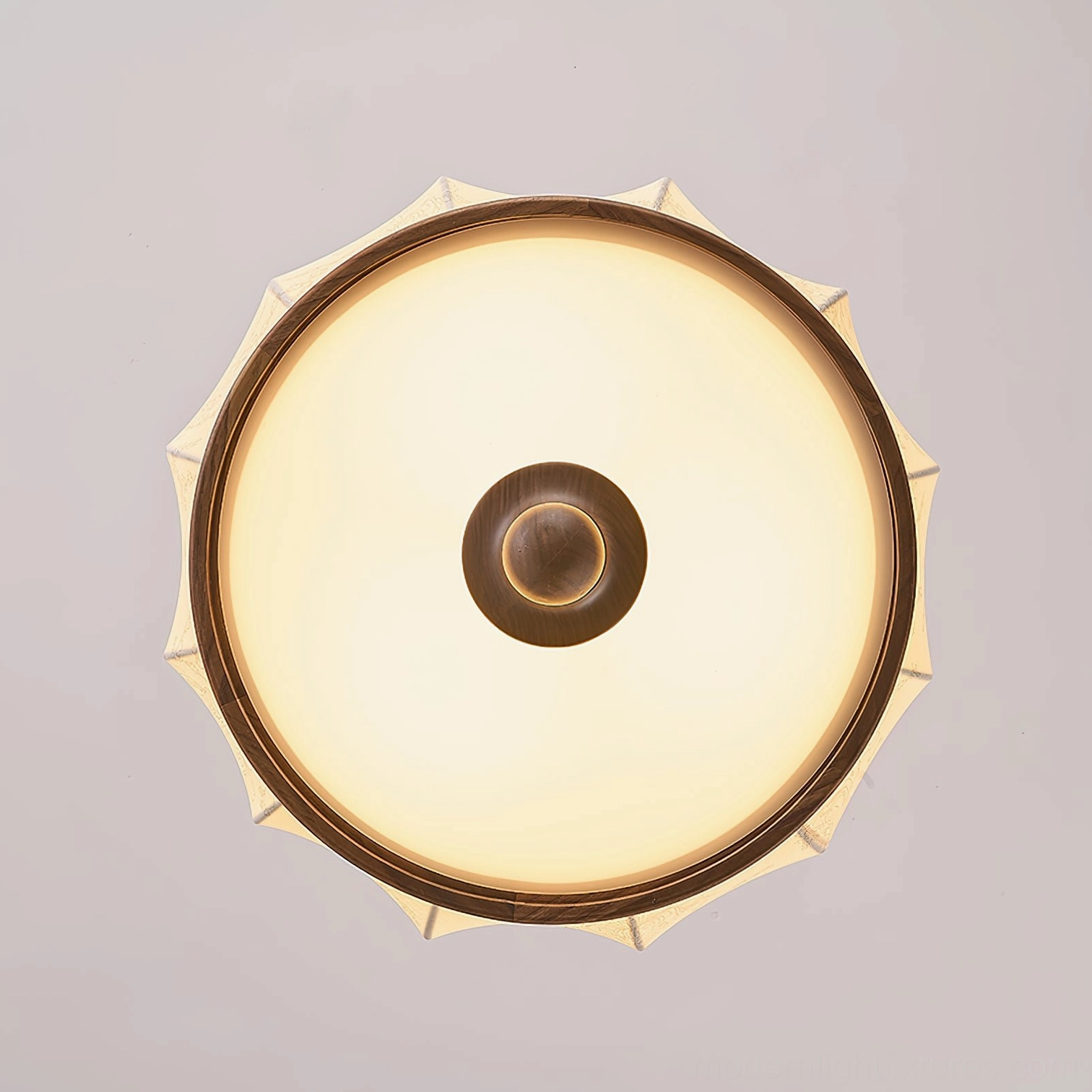 Harmony pendant light showing fabric shade construction and brass wood frame assembly