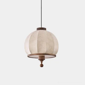 Harmony fabric pendant light with floral pattern and walnut wood trim, front view on white background