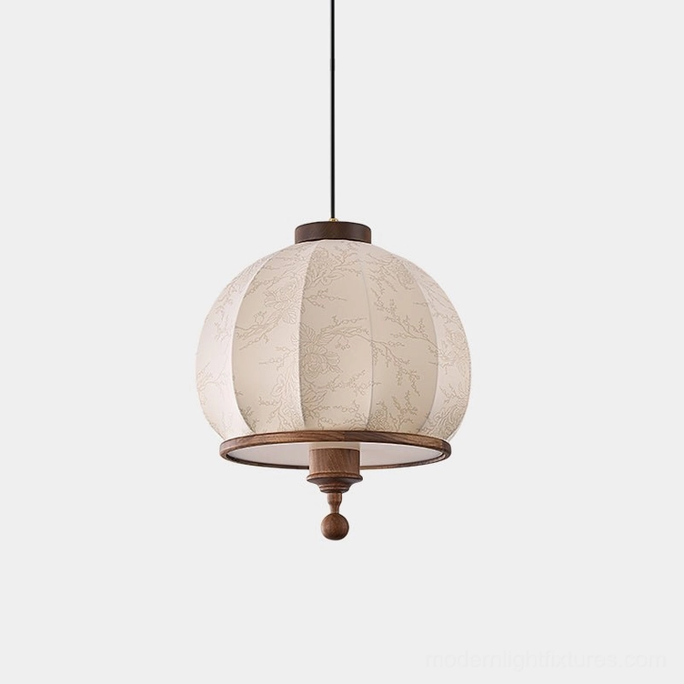 Harmony fabric pendant light with floral pattern and walnut wood trim, front view on white background
