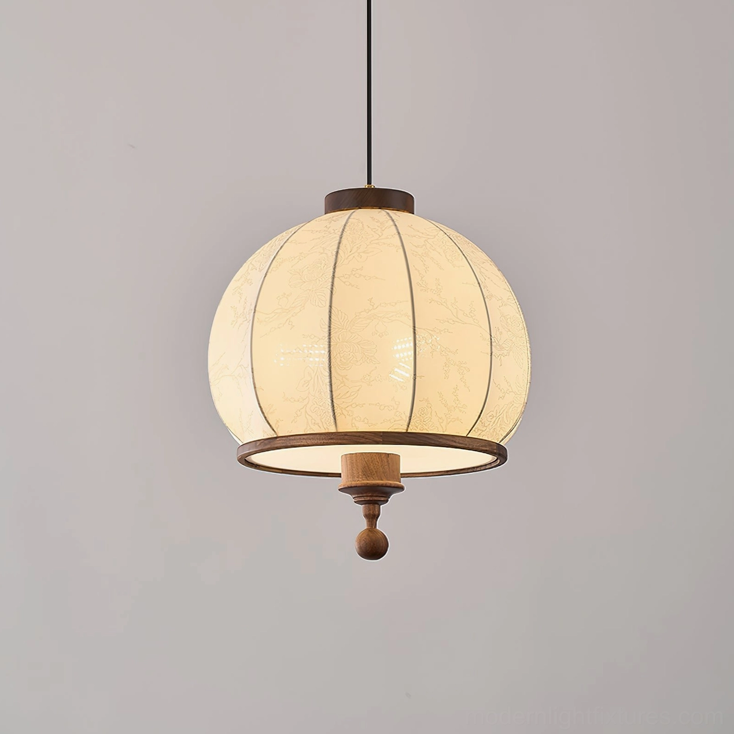Harmony pendant lamp with beige fabric shade and walnut wood accents on gray background