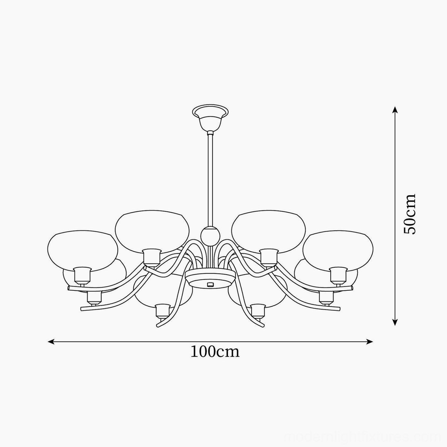 Havana 10-head pendant chandelier technical line drawing showing 100cm width and 50cm height specifications