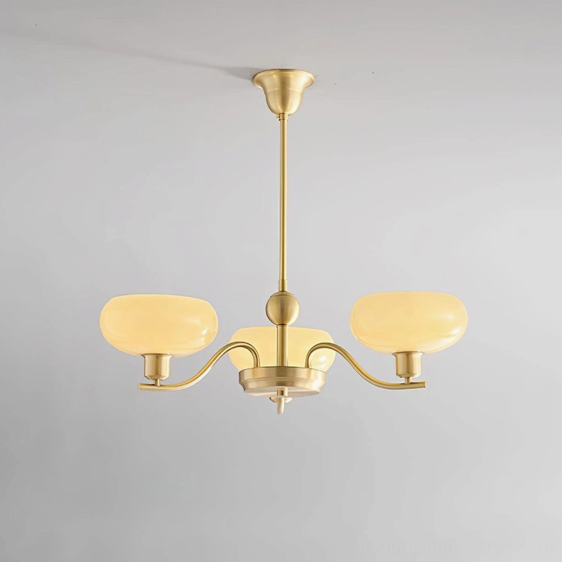 Havana 3-head compact brass pendant chandelier with frosted beige glass shades, studio flat view