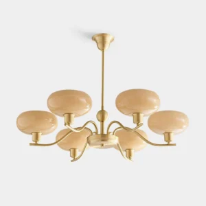 Havana 6-head mid-century modern pendant chandelier with brass frame and beige frosted glass shades, front studio view