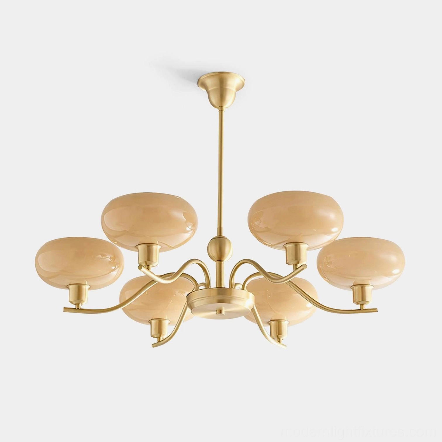 Havana 6-head mid-century modern pendant chandelier with brass frame and beige frosted glass shades, front studio view