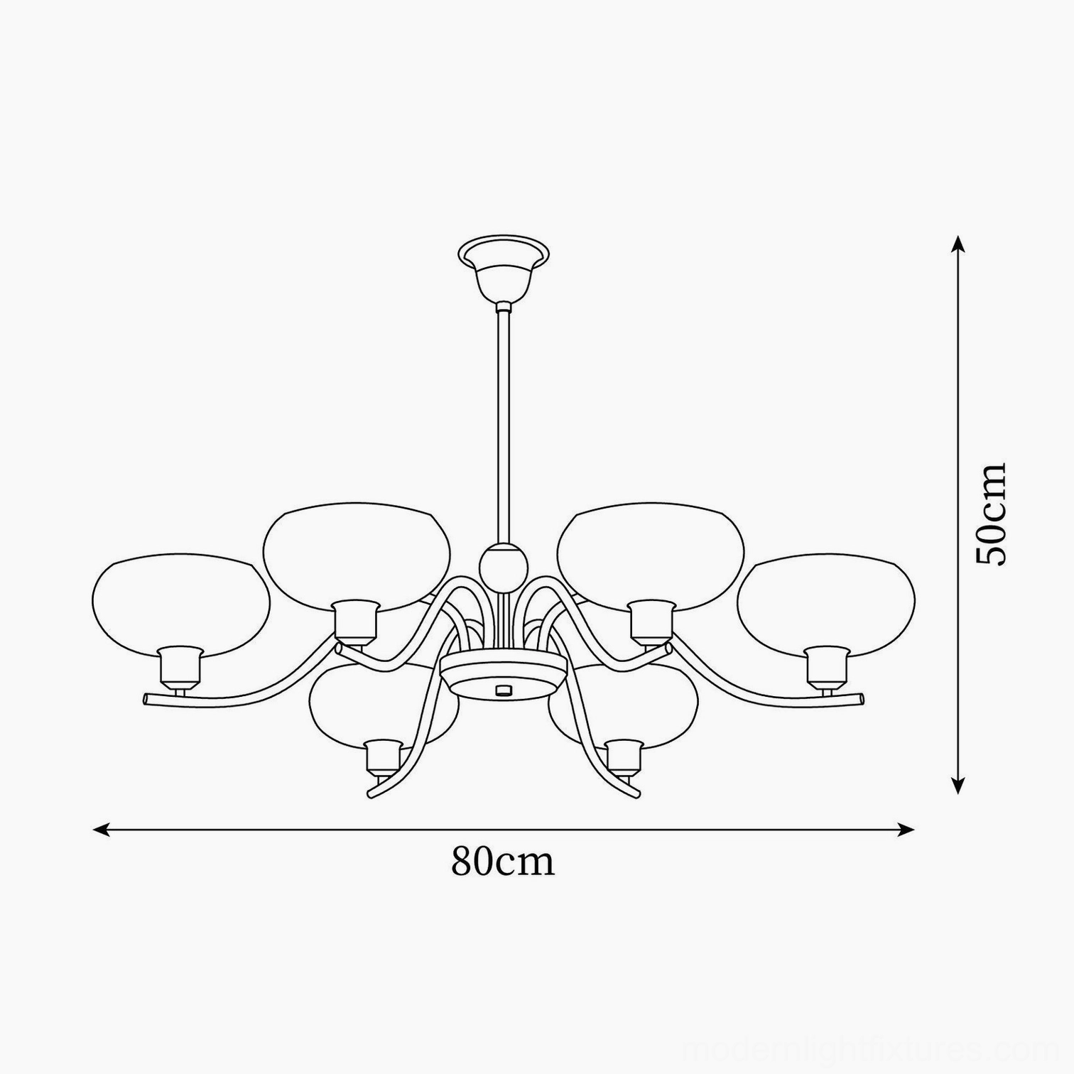 Havana 8-head chandelier orthographic design sketch with 80cm diameter and 50cm height dimensions