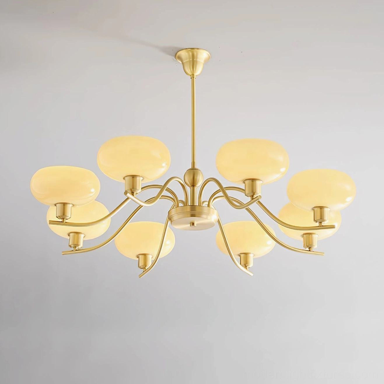 Havana 8-head large brass pendant chandelier with beige frosted glass shades studio lighting setup