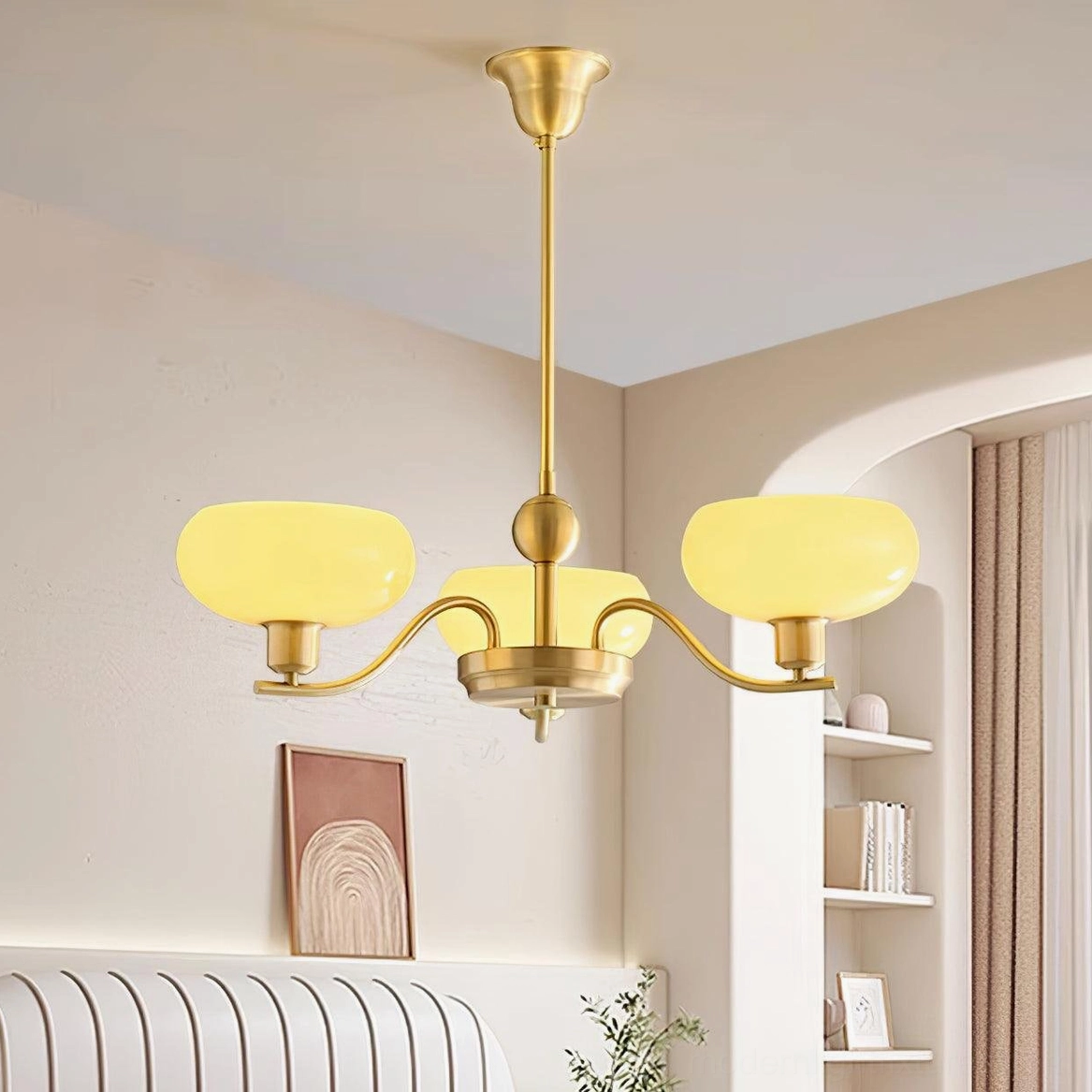 Havana mid-century modern pendant chandelier detail showing brass frame and frosted glass globe construction