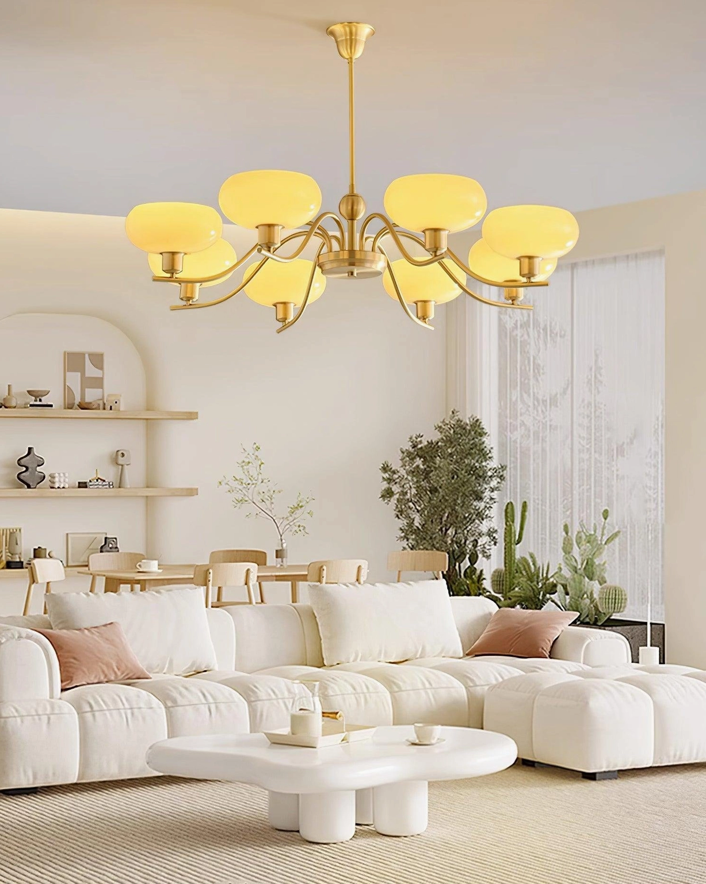 Havana multi-head pendant chandelier in contemporary cream-toned living space with mid-century furnishings