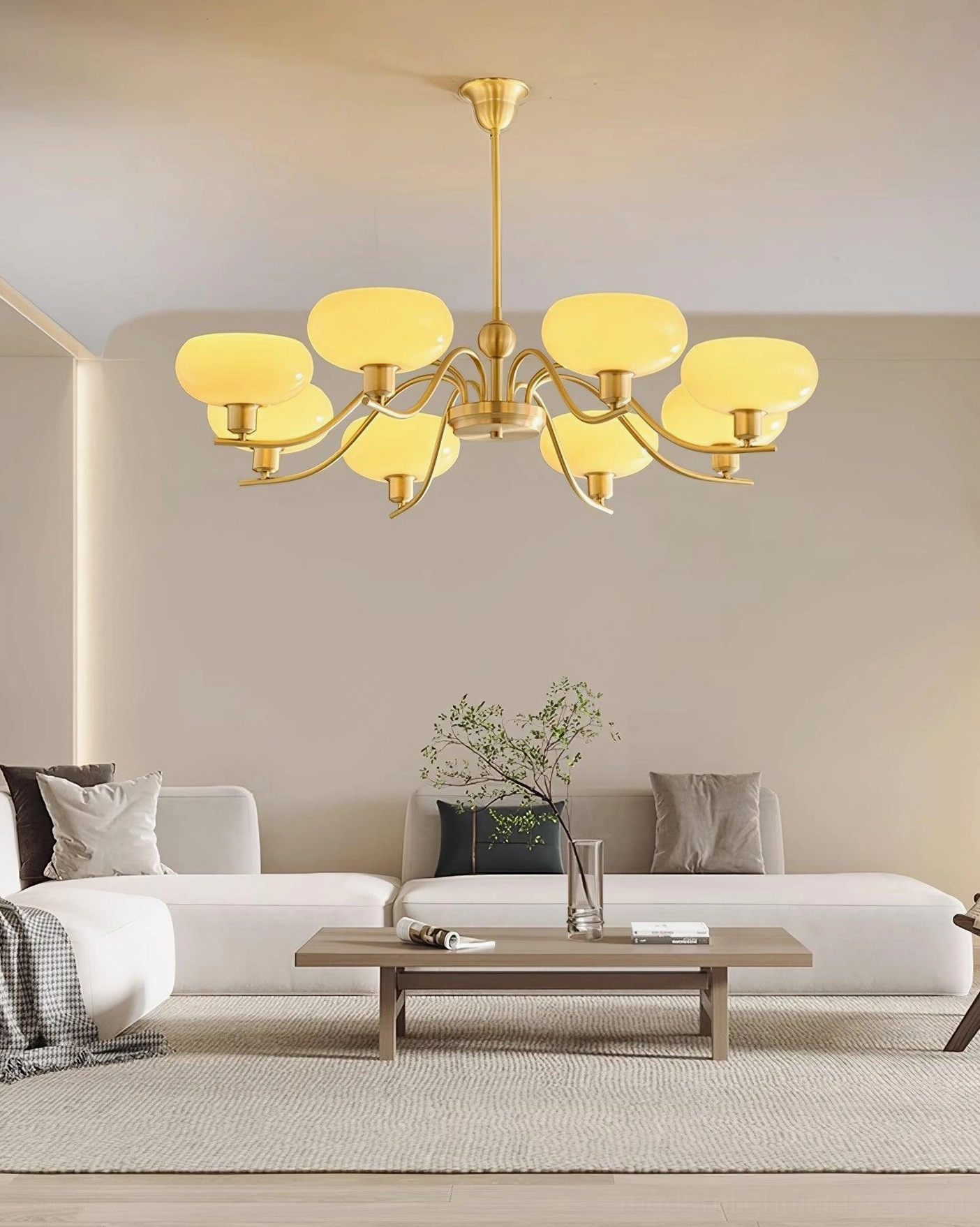 Havana multi-head pendant chandelier casting soft ambient light in modern minimalist living room interior