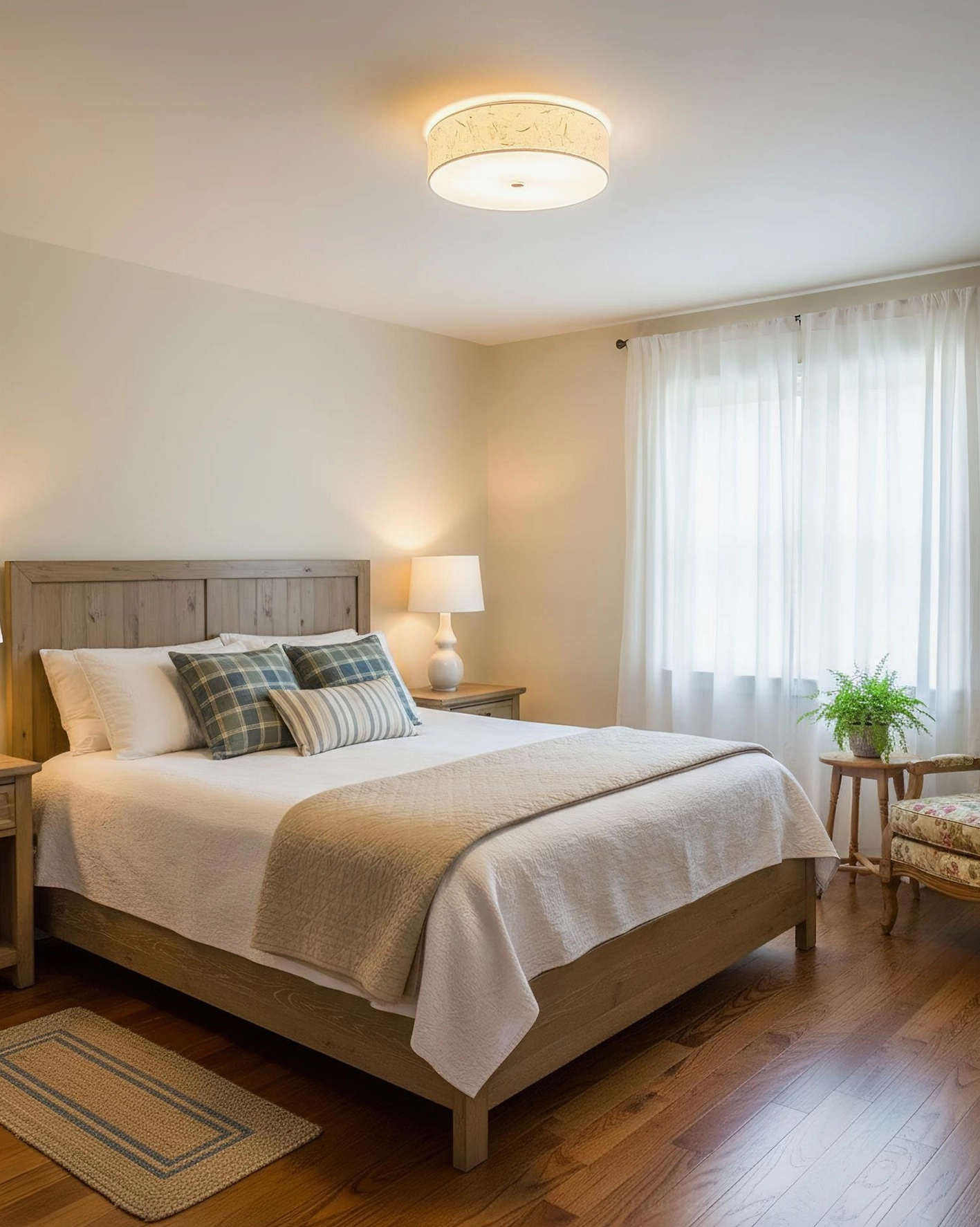 Hayden ceiling light glowing in farmhouse master bedroom, natural fiber shade emitting warm 3000K illumination
