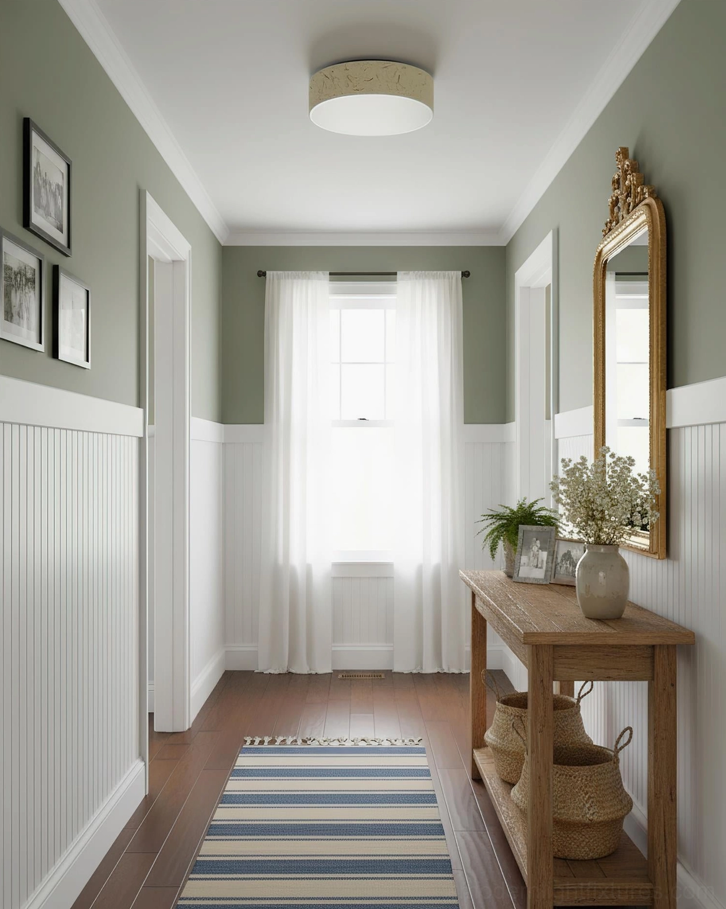 Hayden natural fiber ceiling light in farmhouse entryway with decorative table, beige textured shade creating welcoming ambiance
