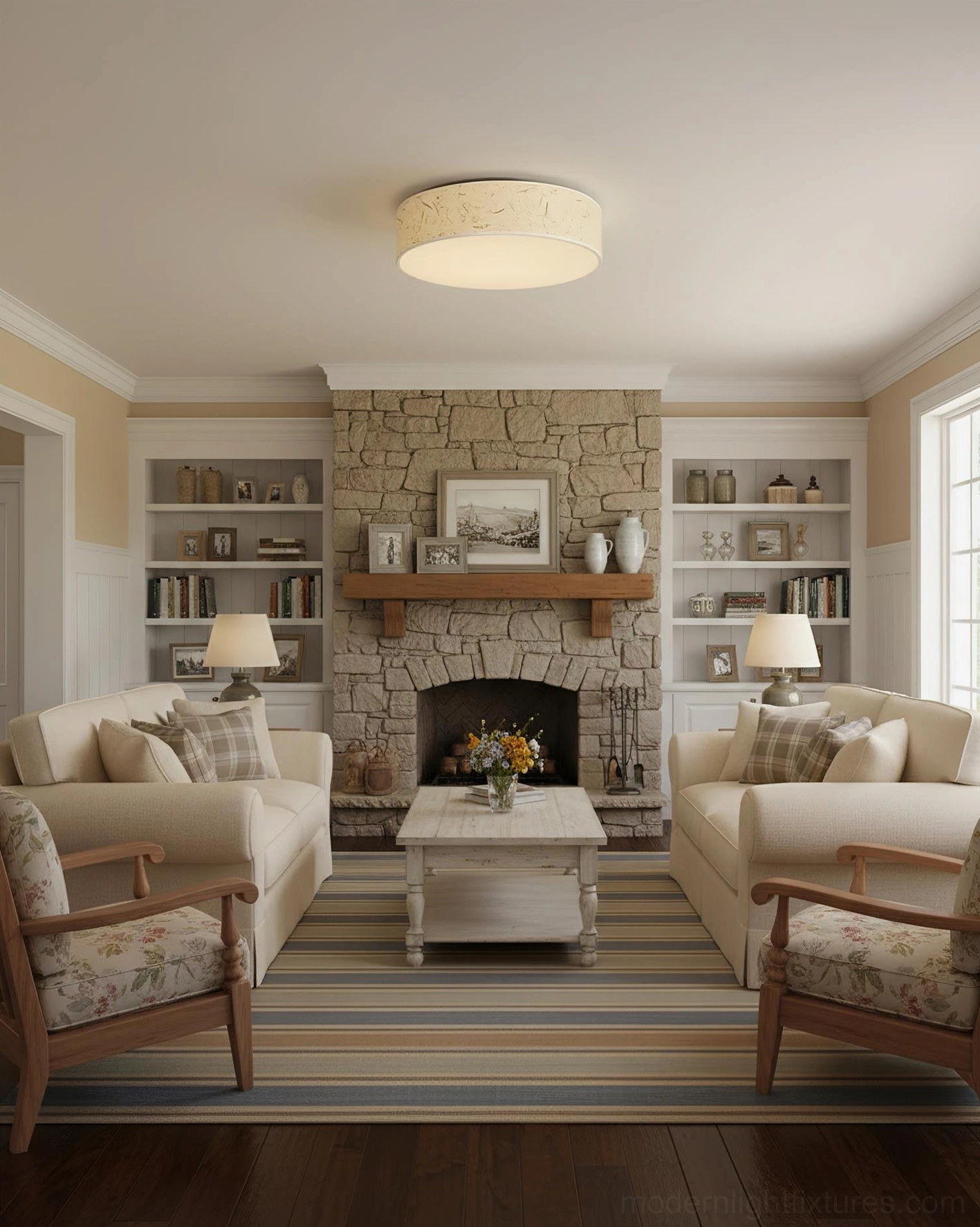 Hayden warm white ceiling light in American traditional living room, beige textured shade providing soft ambient lighting
