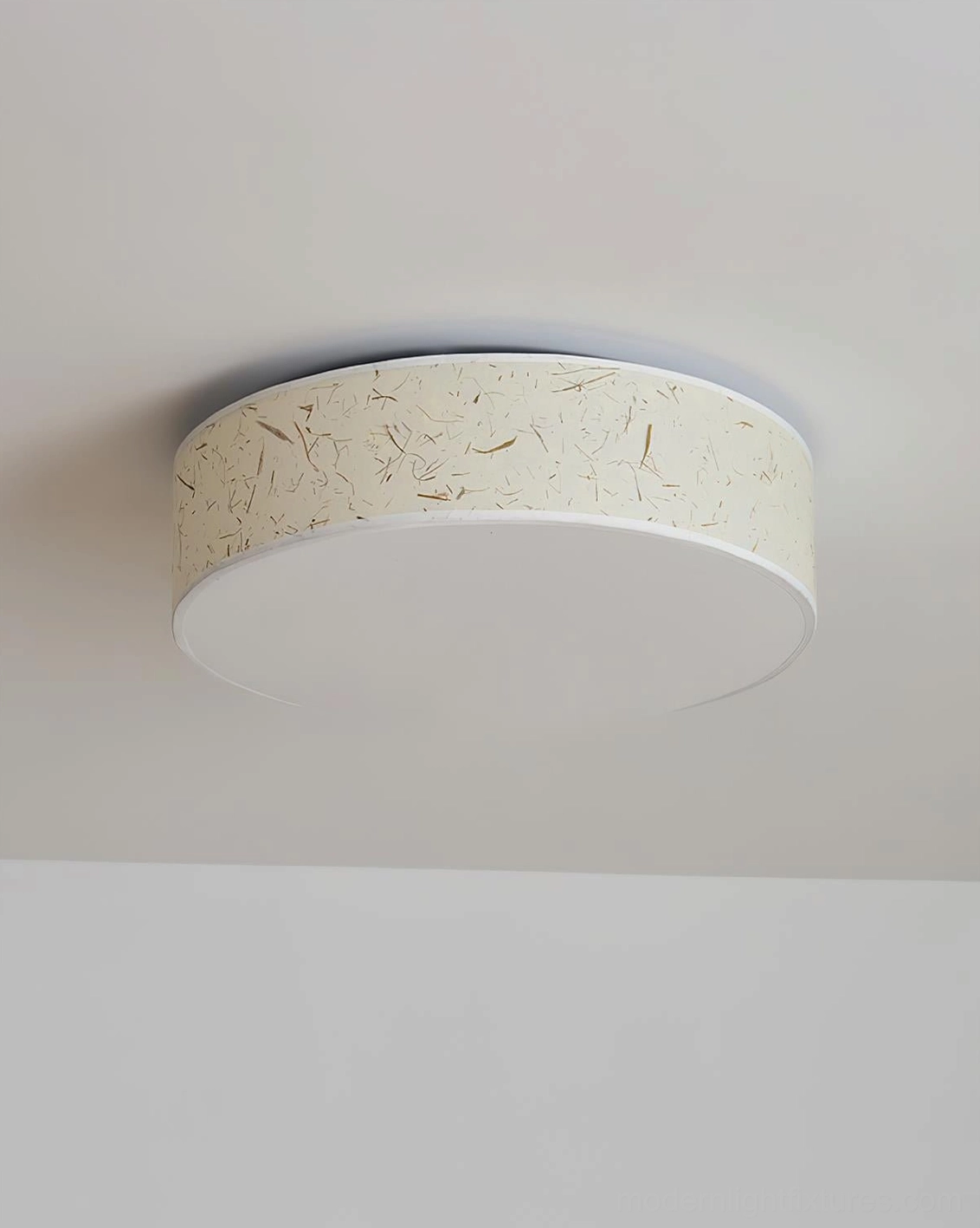 Hayden natural fiber ceiling lamp showing textured rice paper construction with contemporary drum silhouette
