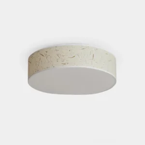 Hayden natural fiber ceiling light fixture with textured rice paper shade, circular drum flush mount design in studio setting