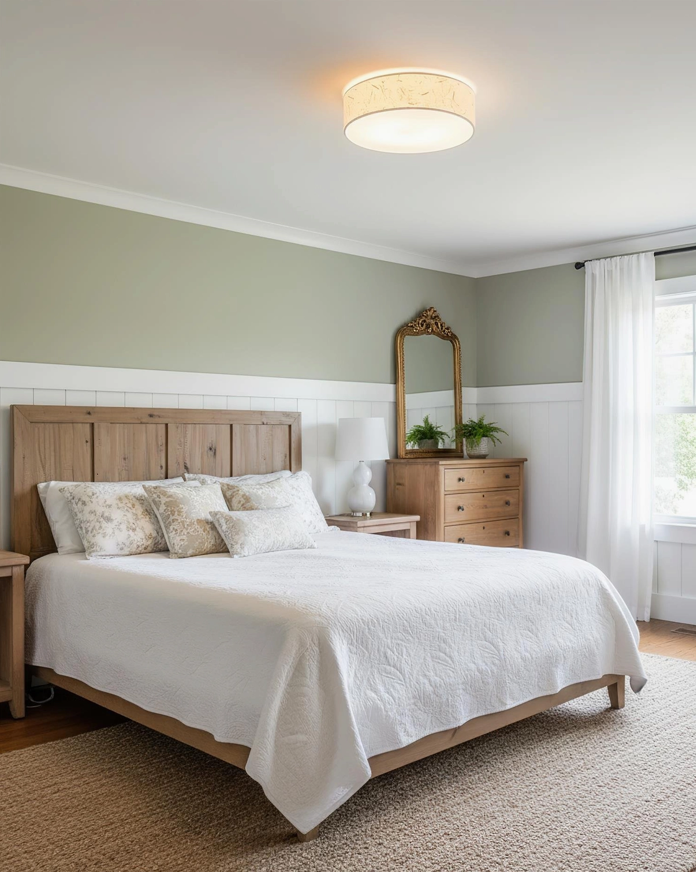 Hayden ceiling light fixture illuminated in farmhouse bedroom, textured beige drum shade emitting warm ambient light