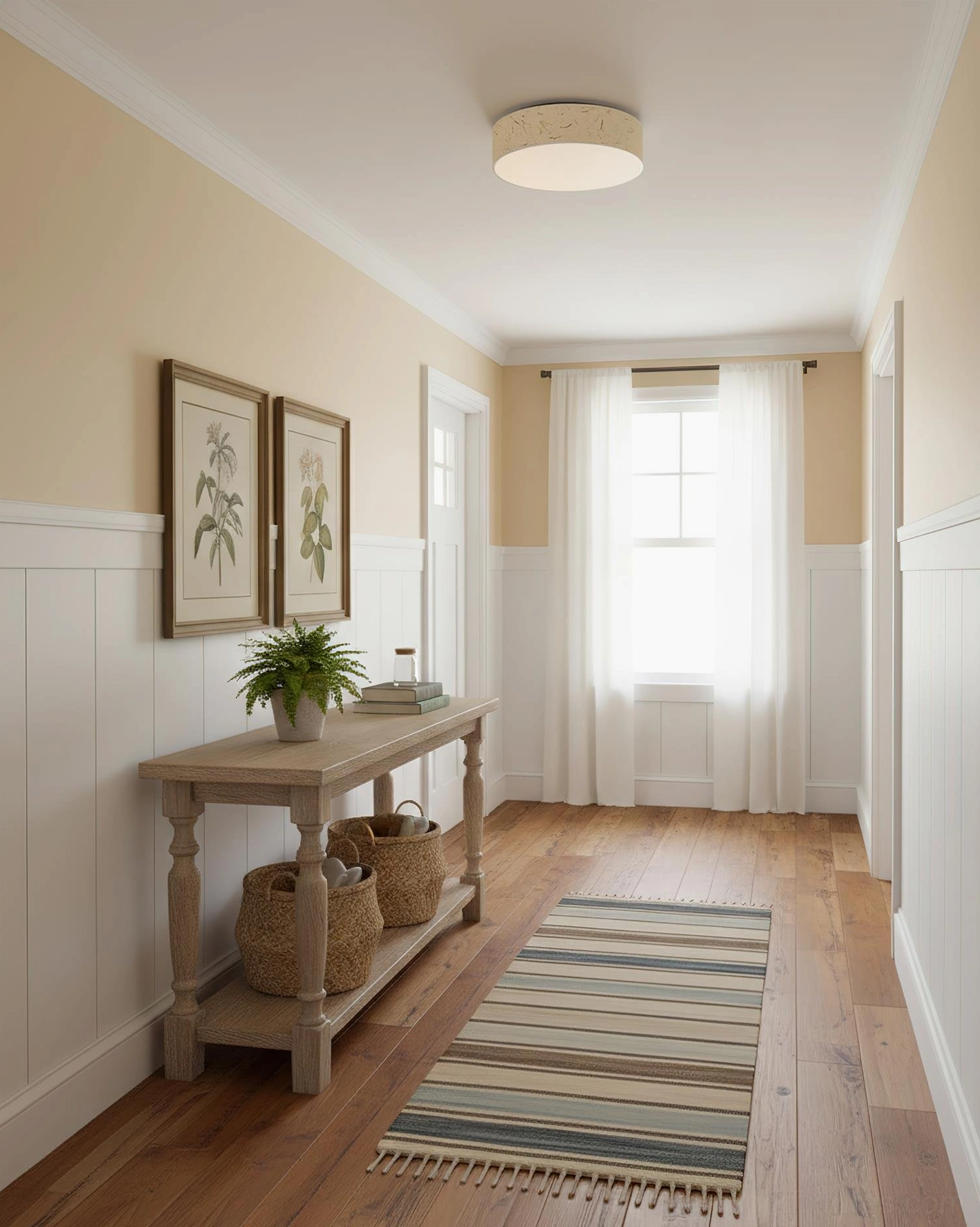 Hayden flush mount ceiling light in farmhouse hallway, compact textured drum shade creating intimate ambiance