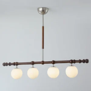 Hayes modern linear pendant chandelier with dark walnut rod and silver canopy, direct front product shot