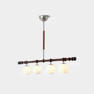 Hayes 4-light linear globe chandelier with chrome and walnut wood rod, front studio view with frosted white glass shades